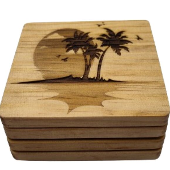 4" Wood Engraved Coasters. The Phoenix, Bird of Paradise, Shark, Tropical Island - Picture 4 of 8